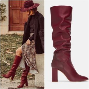 Zara Burgundy Heeled Stovepipe Boots